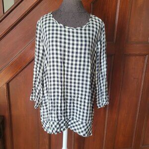J Jill Womens Large Black & White Gingham Check Blouse Ruffle hem